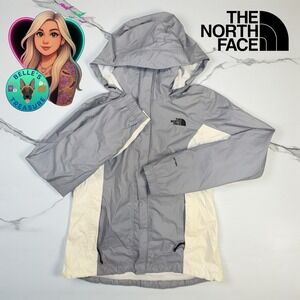 The North Face Dryvent Rain Jacket Women's Medium Gray White Hooded Waterproof